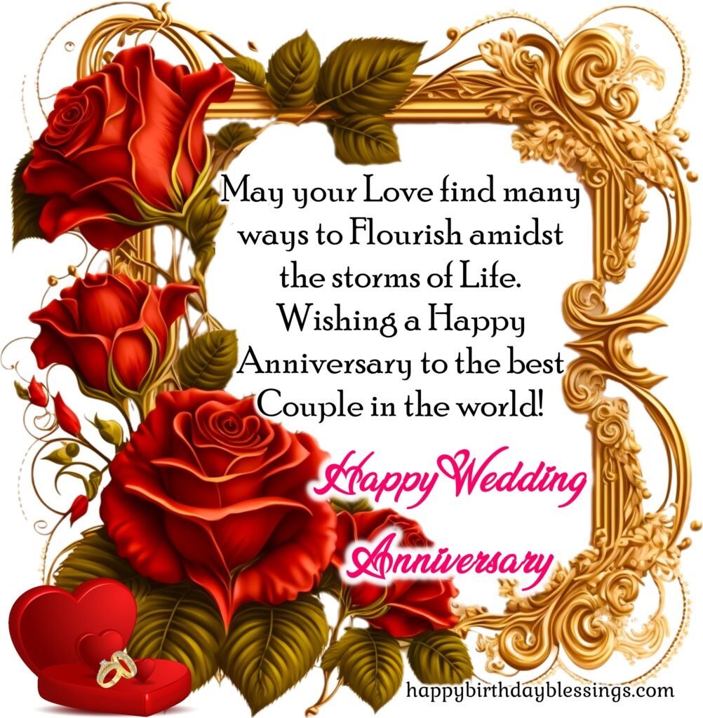 Wedding anniversary wishes with beautiful red rose frame, Happy Anniversary Message.