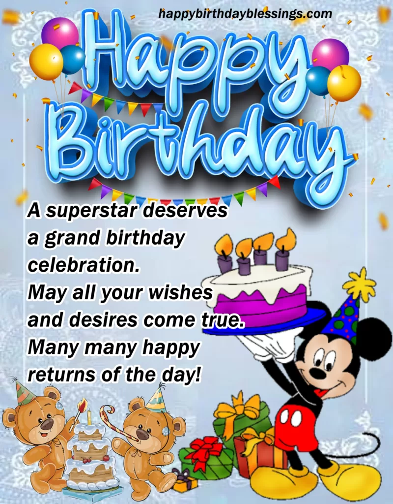 Birthday Wishes for Kids with Mickey mouse and cake background.