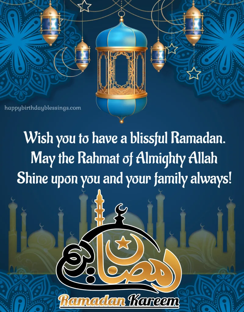 Ramadan Mubarak image with golden lamps and mosque.