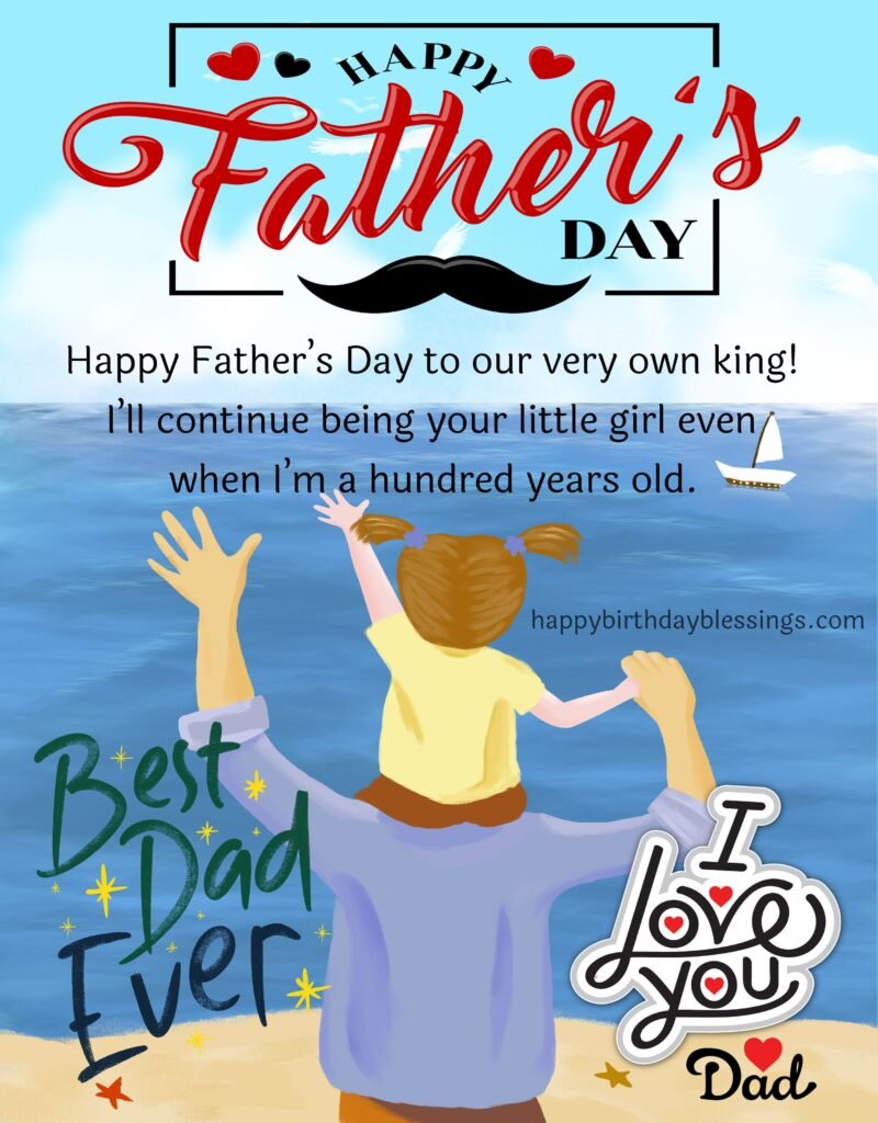 Girl sitting on fathers shoulder image with Fathers day quote.