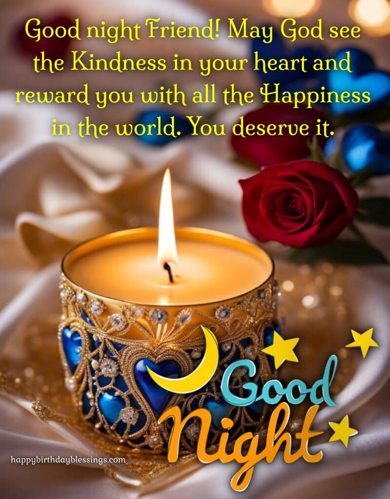 Good night greetings for friend with golden candle.