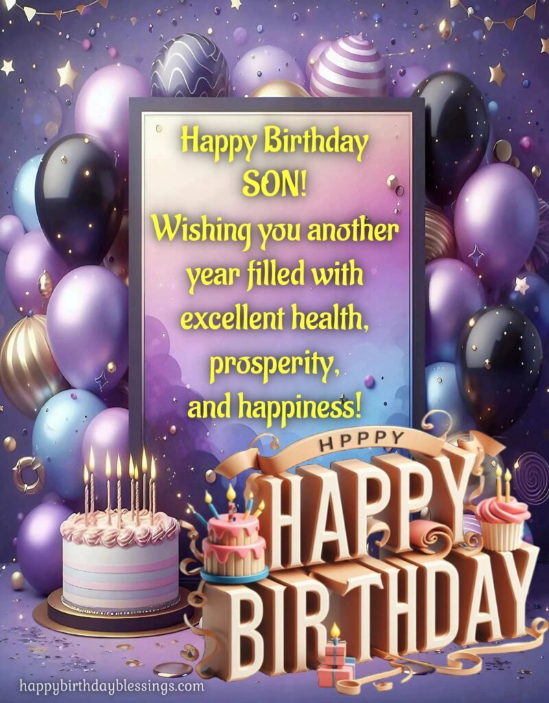 Happy Birthday Blessings for son on purple balloons frame.