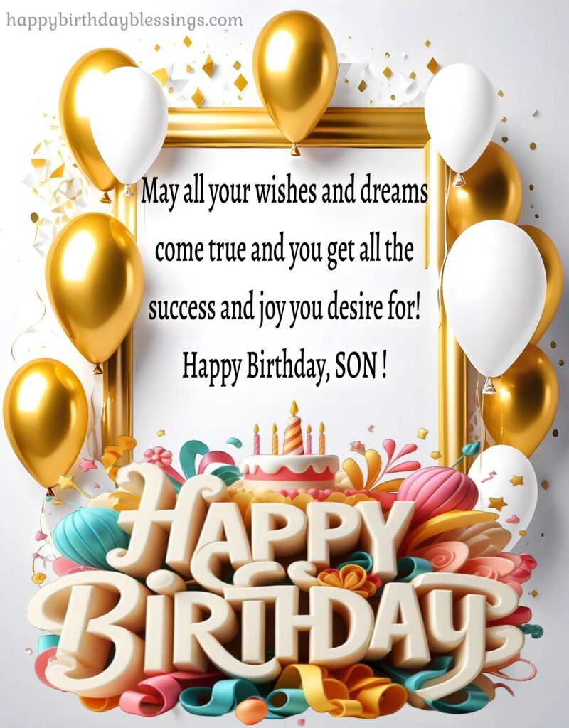 Happy Birthday Son golden frame with white and golden balloons image.