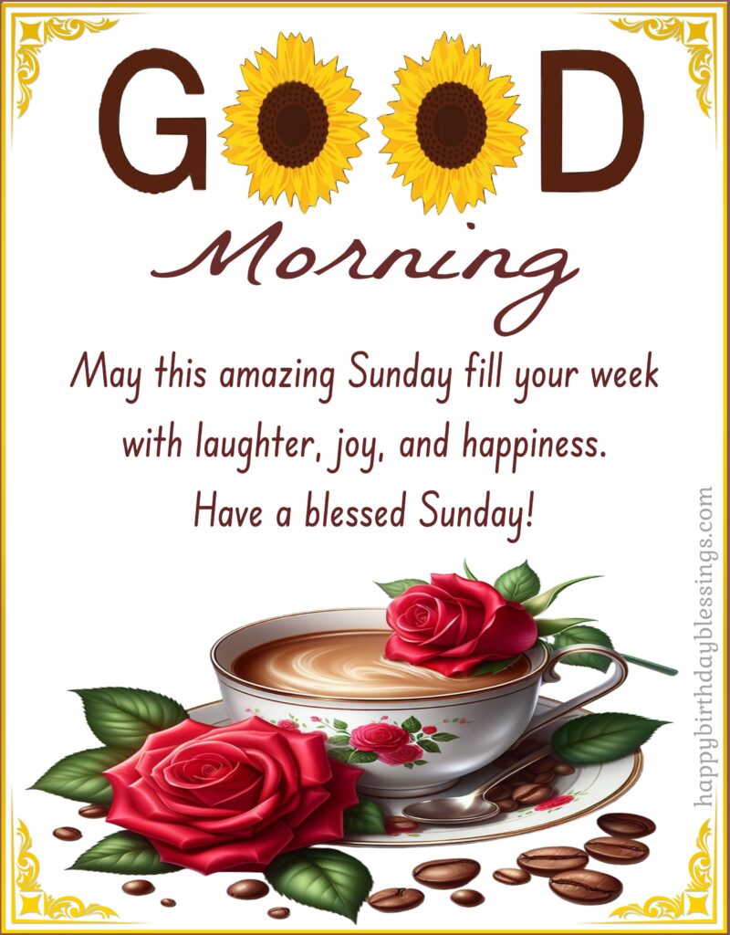 Happy Sunday Beautiful coffee cup with red roses image.