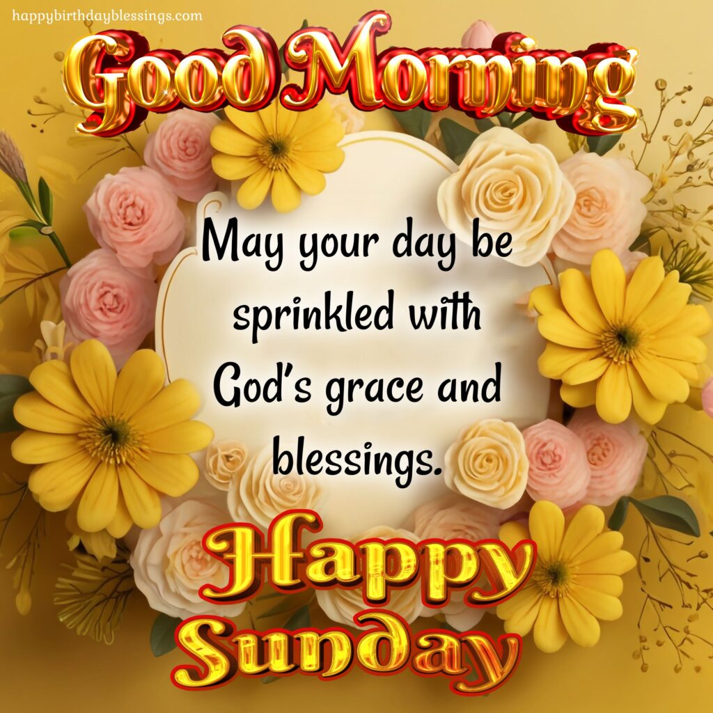 Happy Sunday wishes on yellow background with yellow flowers.