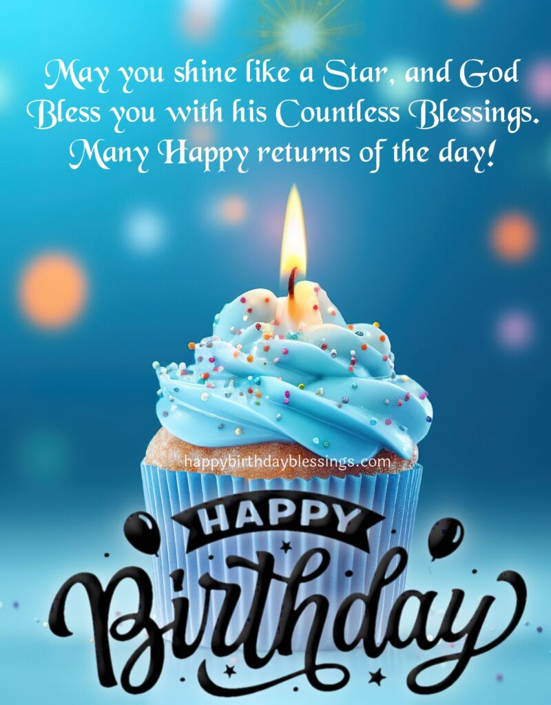 Blue Cupcake with Happy birthday message.