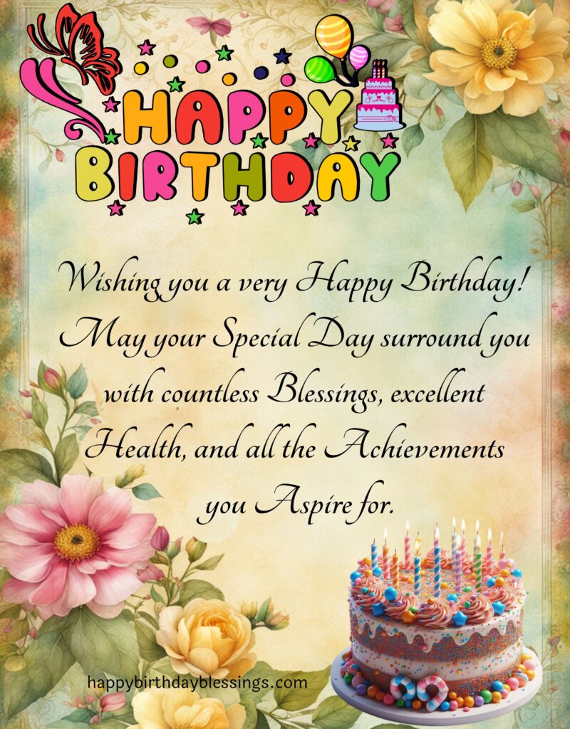 Happy Birthday blessings with flower border.
