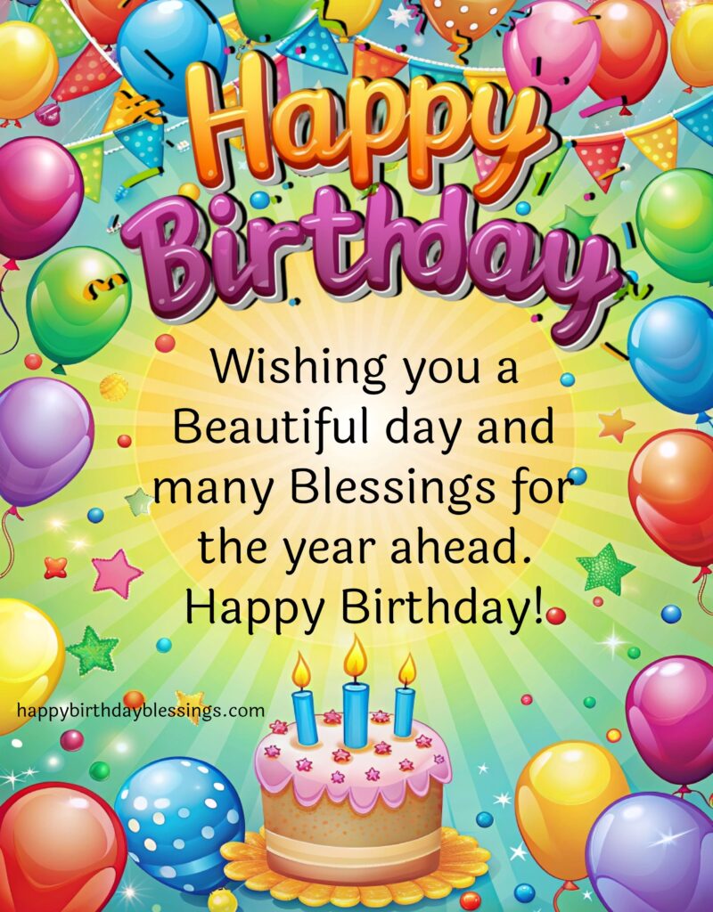 Happy Birthday wishes with balloons and cake painting background.