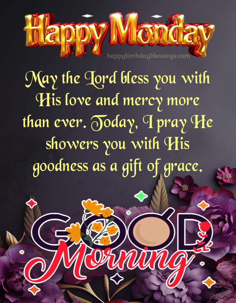 Happy Monday blessings on purple flowers background.