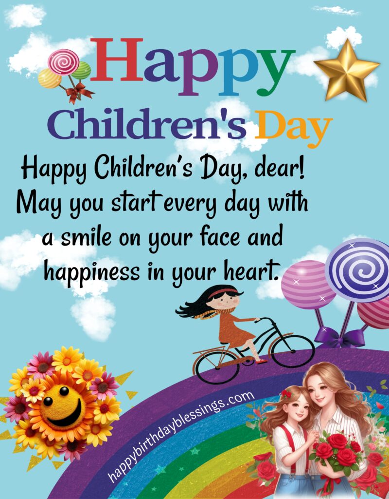 Girl cycling image with childrens day message.