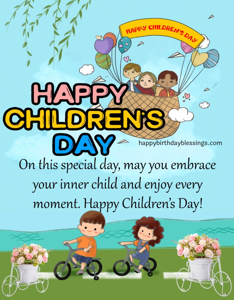 Kids playing image with happy childrens day message.