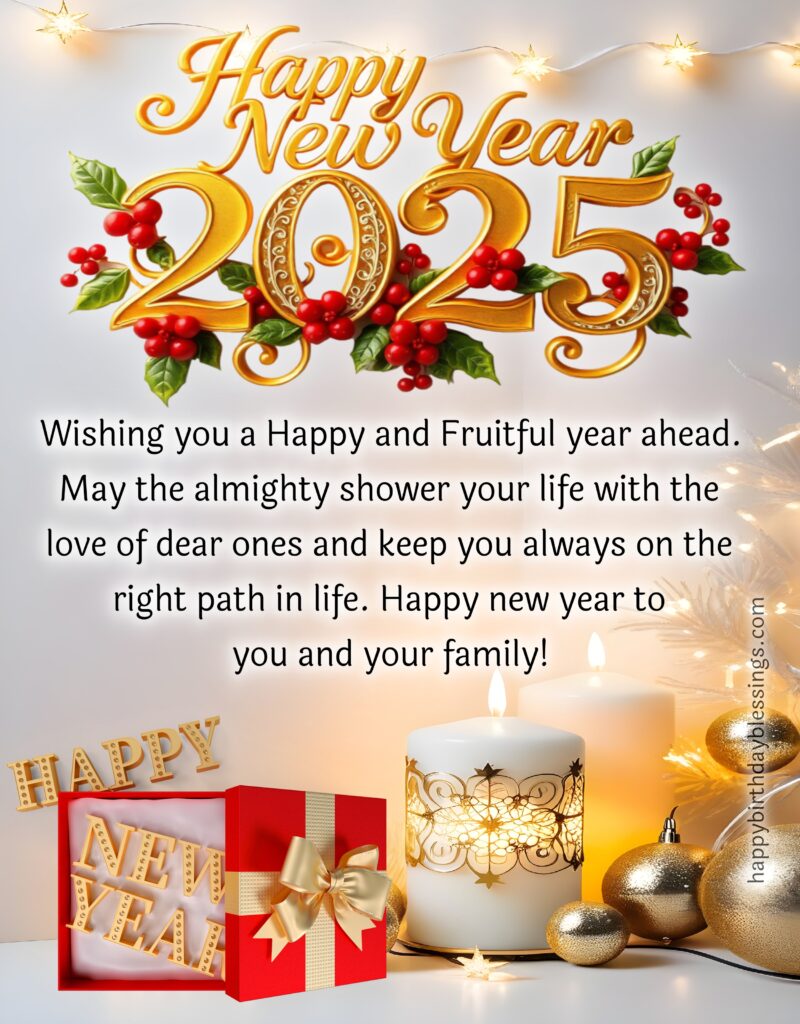 Happy New Year 2025 image with candle and gift background.