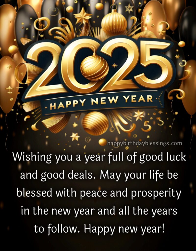 Happy New Year 2025 wallpaper with black and golden balloons.