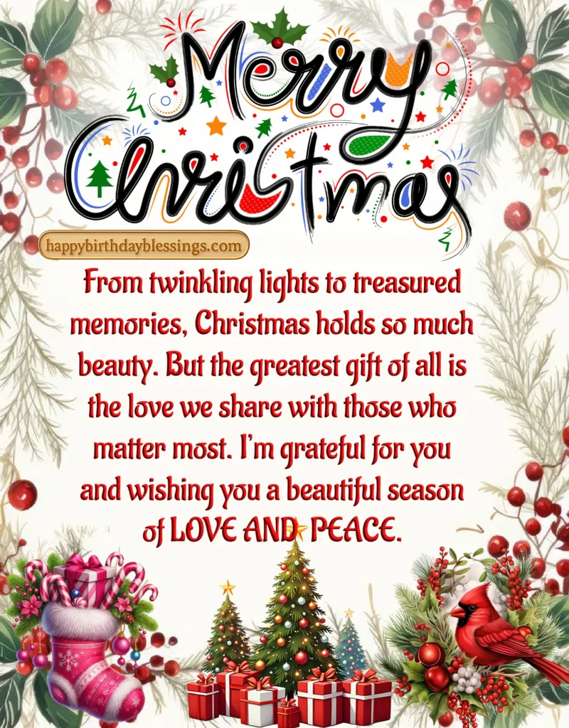 Merry Christmas Greetings with Christmas tree and gifts.