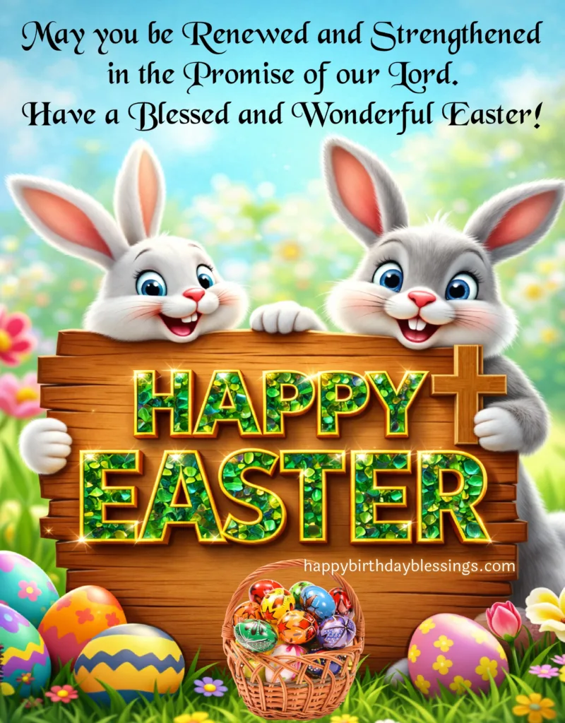 Happy Easter Blessings with cute bunnies.