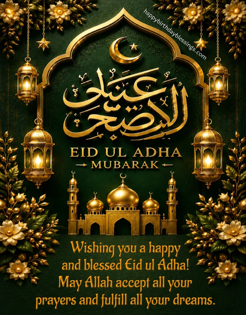 Eid ul-Adha Greetings with golden mosque.